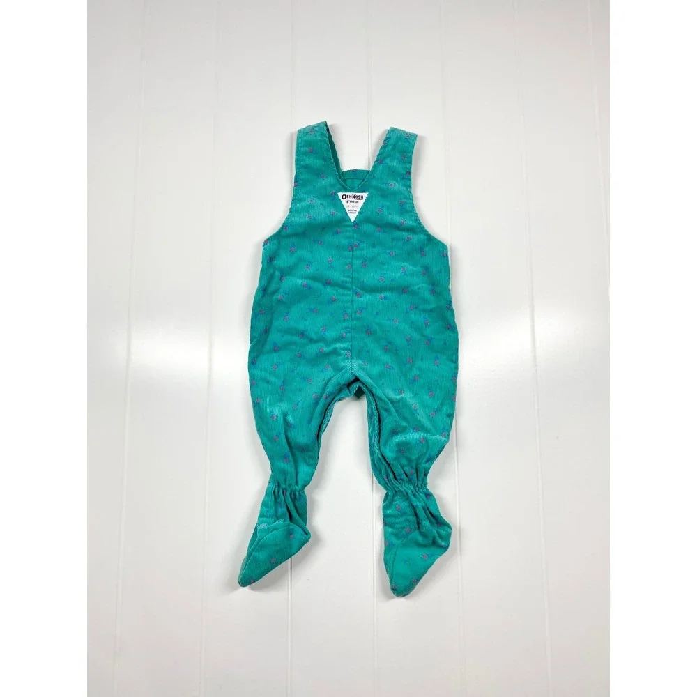 Vintage Oshkosh BGosh Teal Floral Corduroy Footie Overalls,‎ Size 6-9 Months